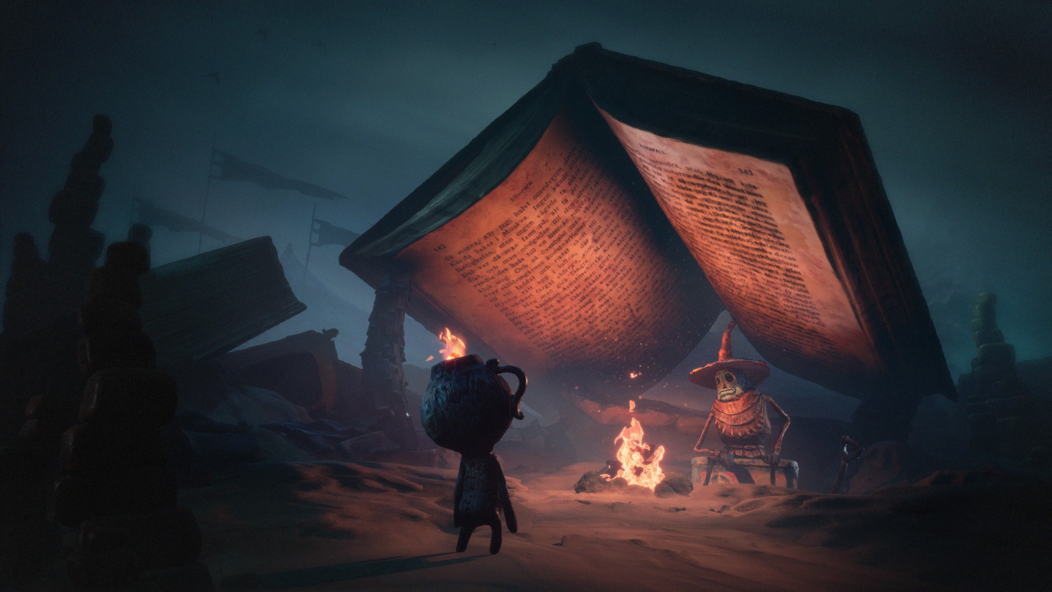 Una escena surrealista: una figura con cabeza de olla está frente a un fuego, debajo de un libro gigante, con otra figura cerca.
