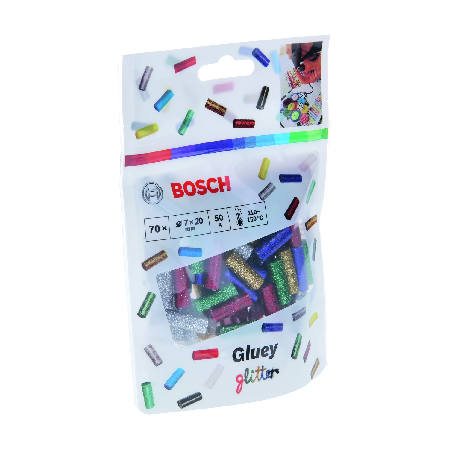 Un sacchetto di plastica trasparente di stick glitterati Gluey di Bosch. La borsa ha un foro per la maniglia e una colorata gamma di stick glitterati.