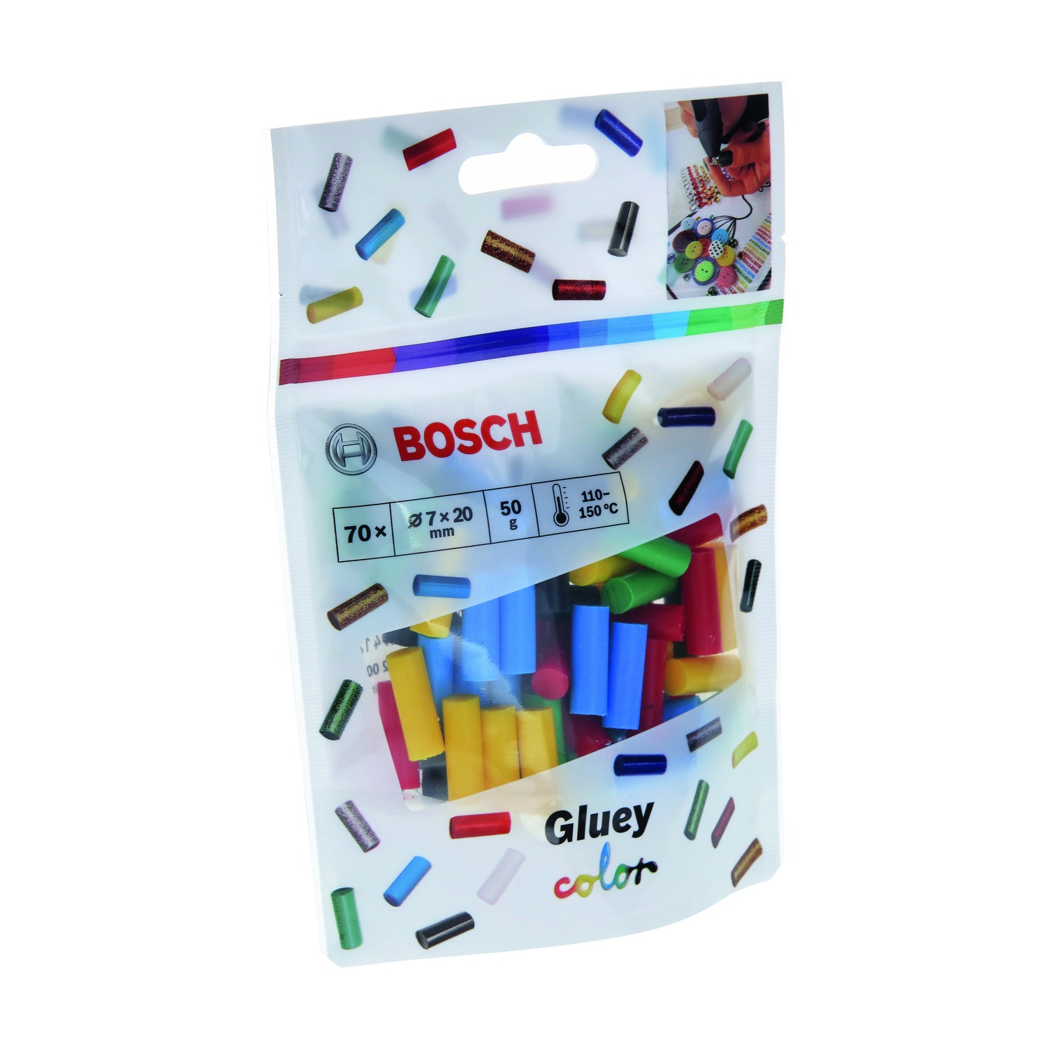 Una confezione di stick di colla Bosch di vari colori. La confezione è trasparente e contiene circa 70 stick.