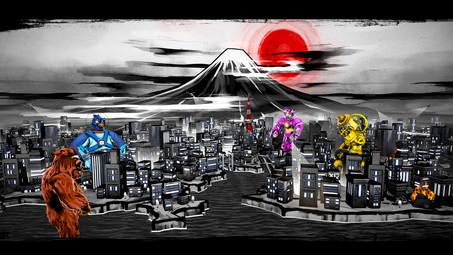Ilustración estilo anime de una ciudad con una montaña y un sol rojo, robots y un oso. El oso está en primer plano, los robots en el medio.