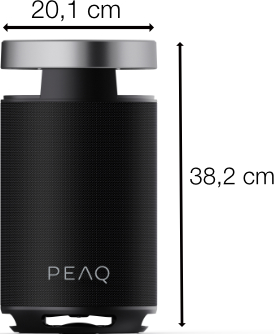 Haut-parleur noir avec dessus argenté. Il mesure 38,2 cm de haut et 20,1 cm de large. La marque PEAQ est visible.