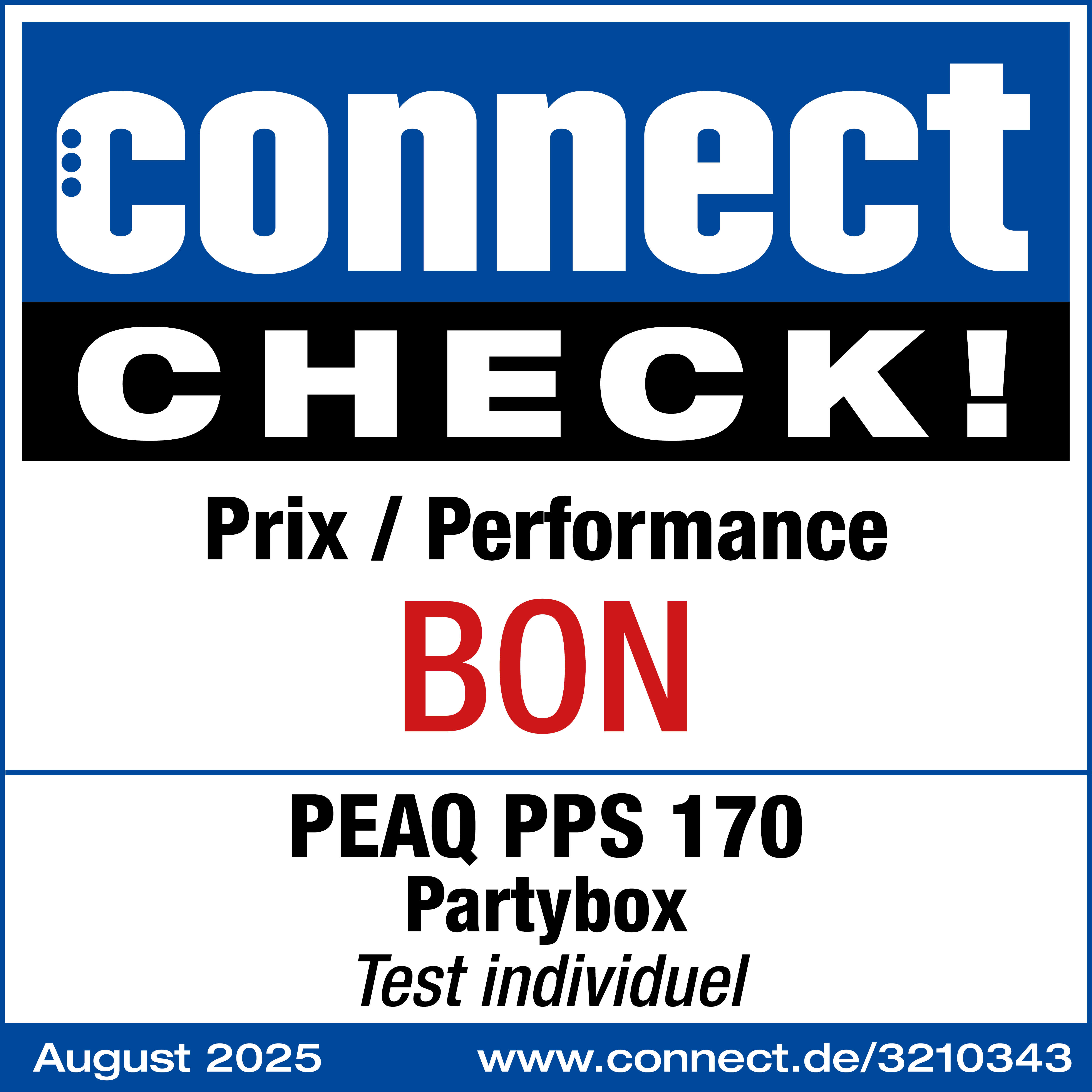 Un panneau avec 'connect CHECK!' et 'BON'. Comprend 'PEAQ PPS 170 Partybox' et un site web.