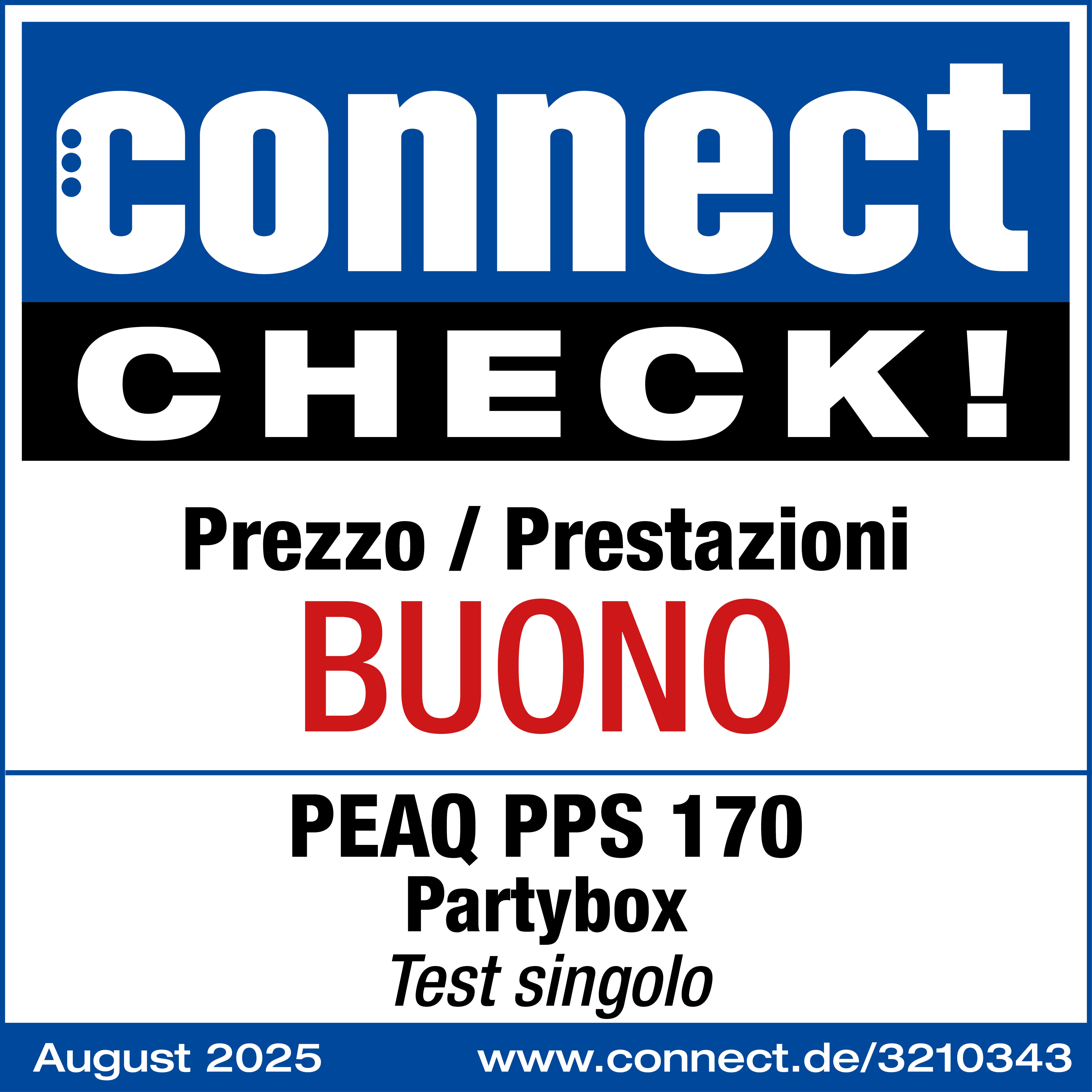 Une affiche avec du texte bleu et blanc indiquant 'connect CHECK!'. Elle contient également du texte italien et 'BUONO' en rouge.