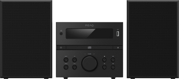 Un sistema stereo nero con due altoparlanti ai lati dell'unità principale. L'unità ha un display e dei pulsanti.