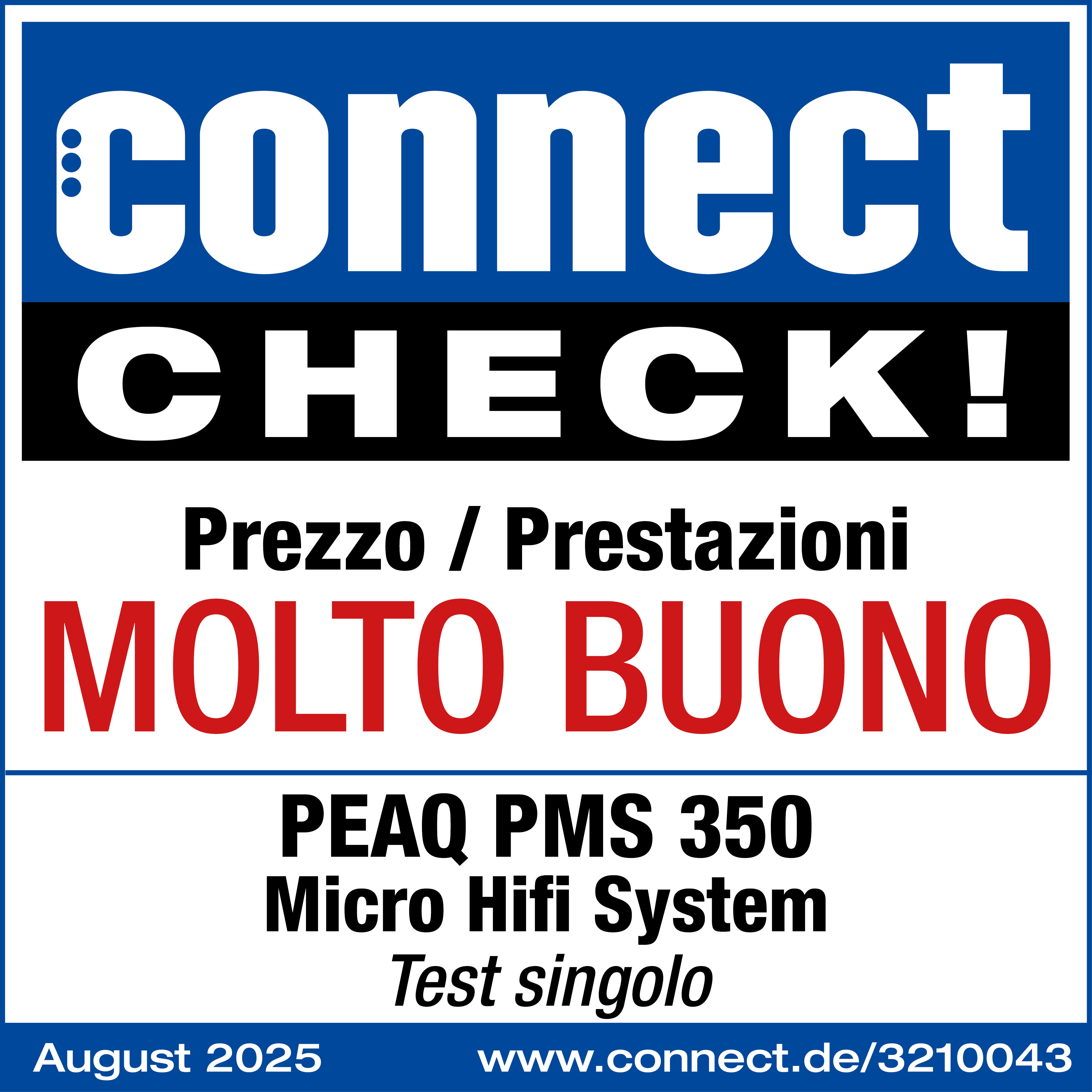 Poster con testo 'connect CHECK!', 'MOLTO BUONO' in rosso e dettagli del prodotto Micro Hifi System.
