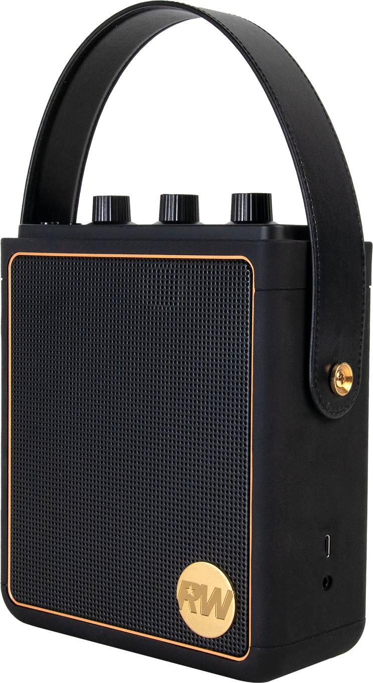 Haut-parleur noir avec poignée, garniture dorée et logo. Boutons sur le dessus. La poignée est en cuir noir. La grille du haut-parleur est noire.
