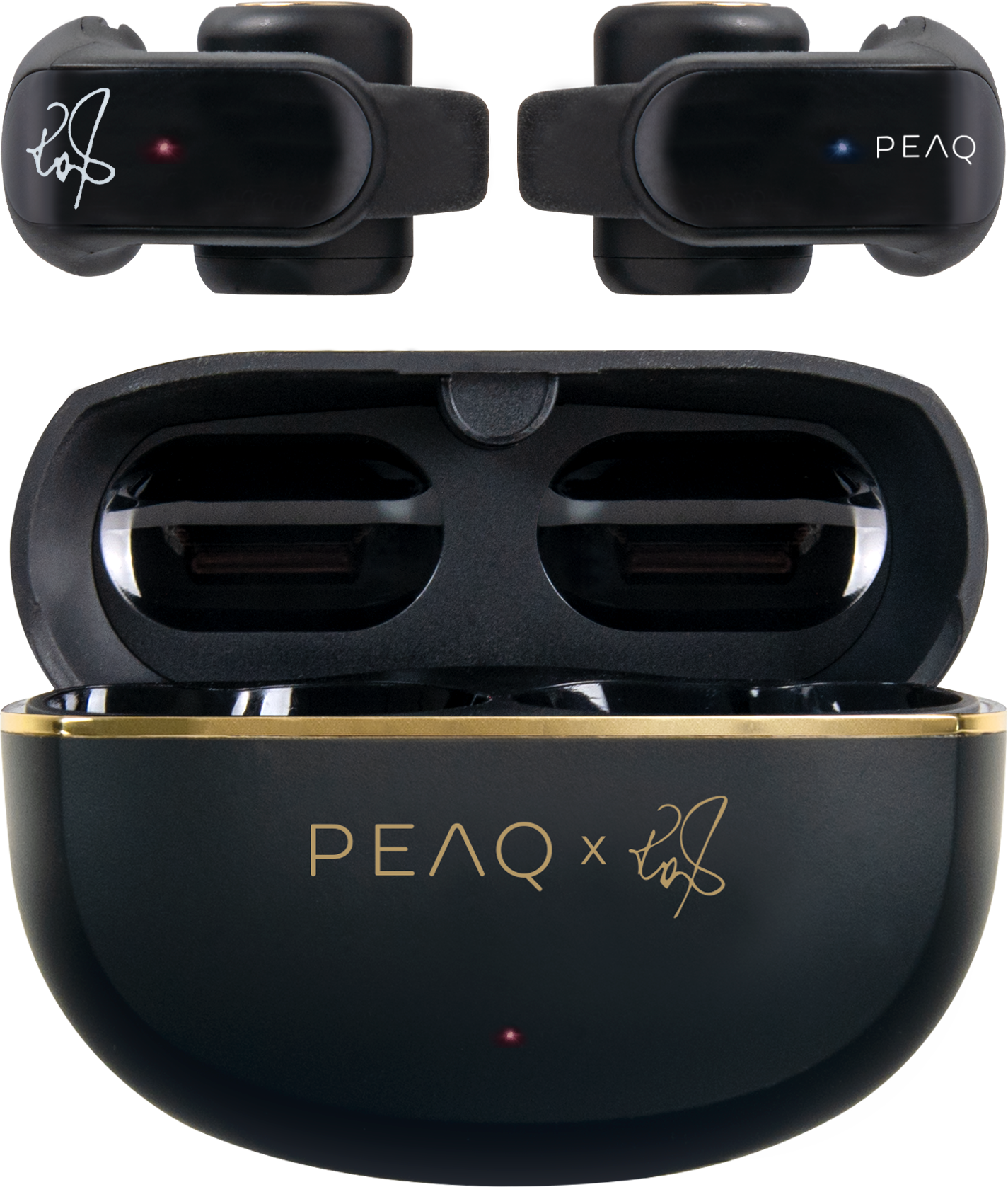 Schwarze Ohrhörer, Ladecase mit goldenem Rand. Ohrhörer haben Lichter und Logos. Gehäuse offen, mit Schlitzen. "PEAQ" und Signatur sichtbar.