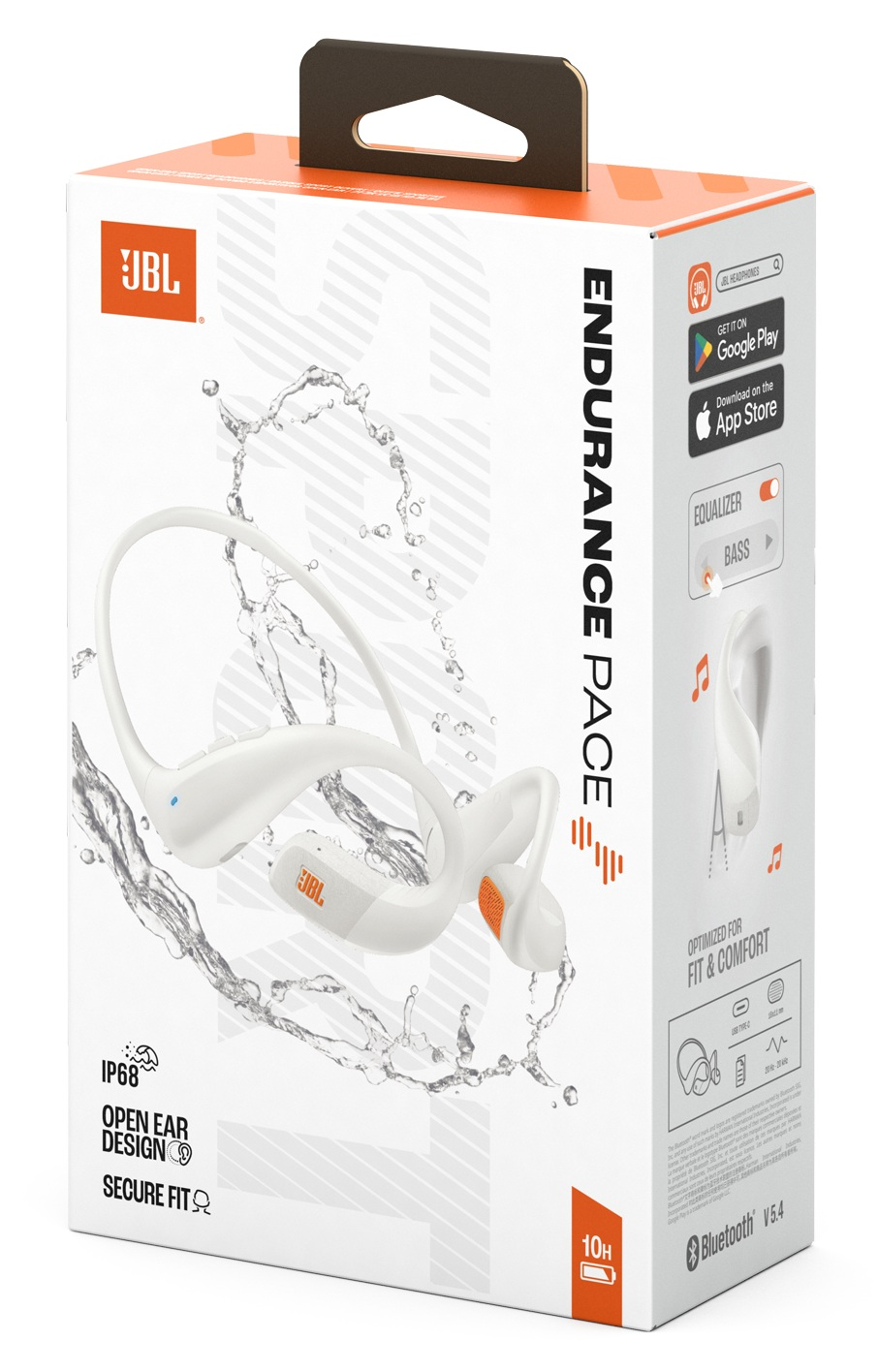 Pudełko słuchawek JBL Endurance Pace. Białe słuchawki z pomarańczowymi akcentami, grafiką rozprysków wody i informacjami o produkcie.