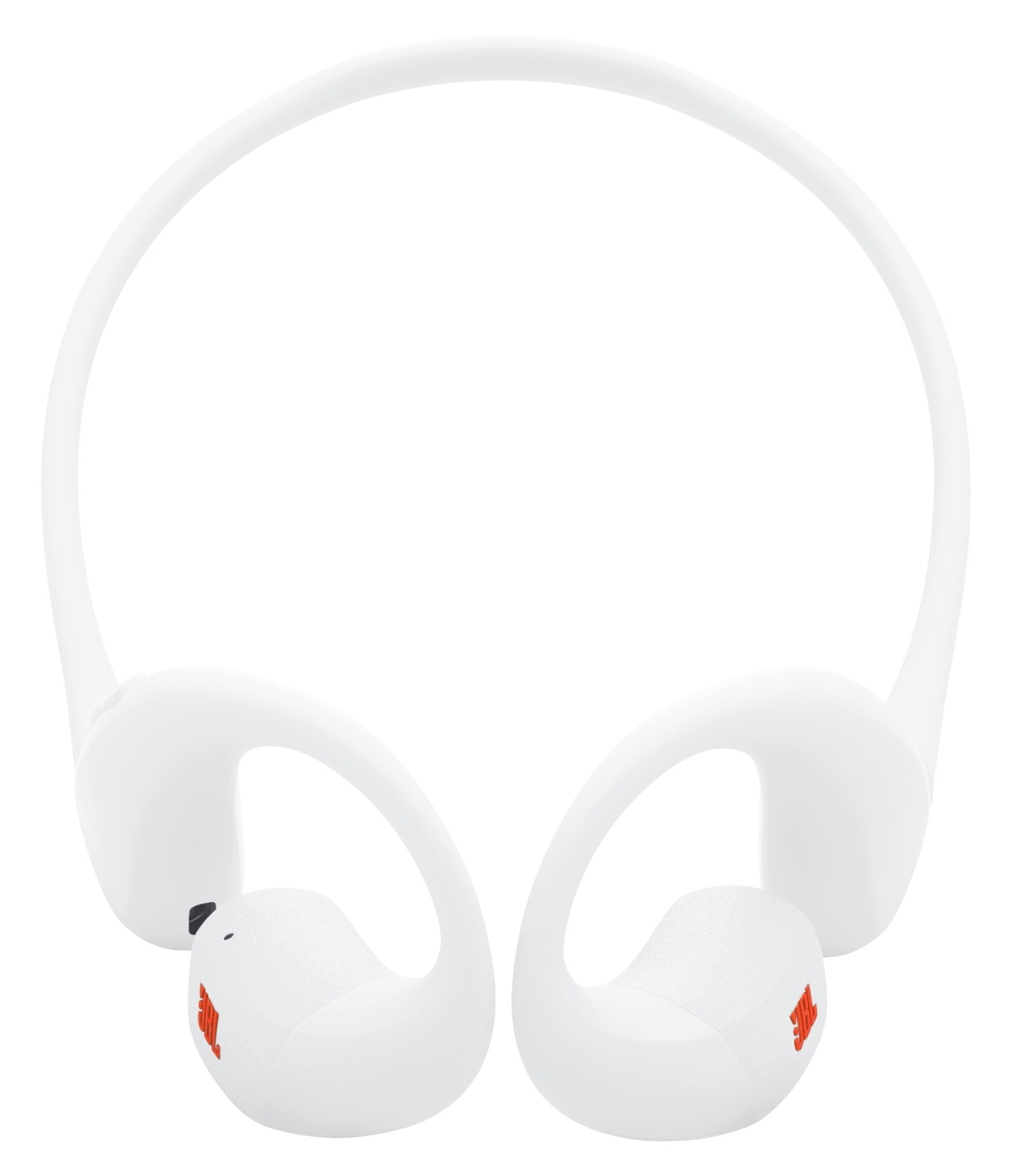 Białe słuchawki JBL z pomarańczowym logo. Konstrukcja nauszna ma pałąk i nauszniki.