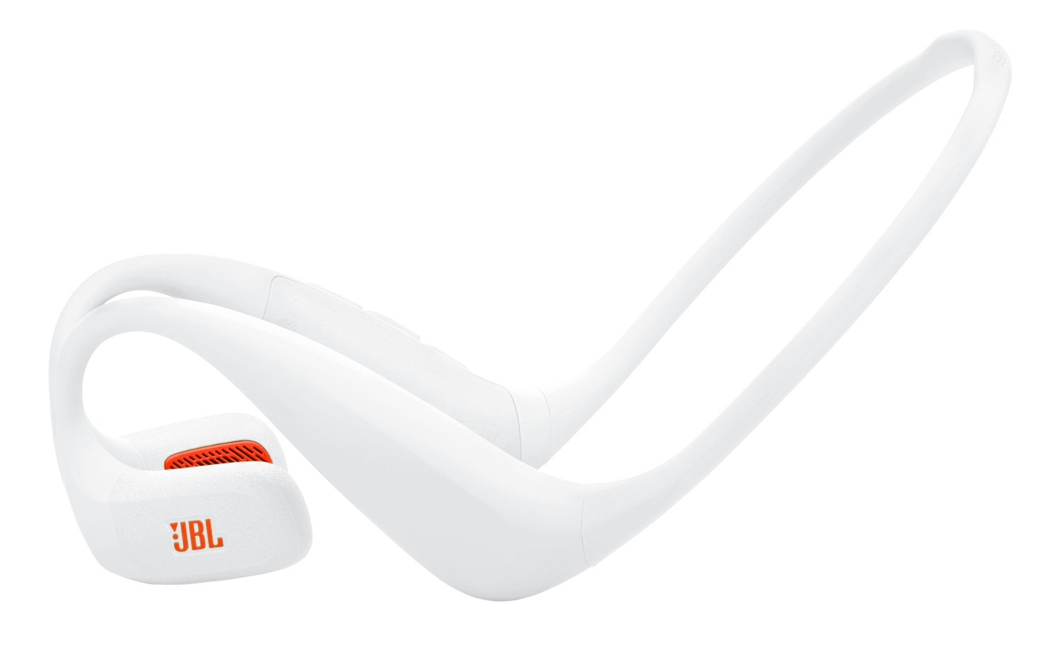 Białe słuchawki JBL z pomarańczowymi akcentami. Mają pałąk na szyję i haczyki na uszy. Widoczne logo JBL.