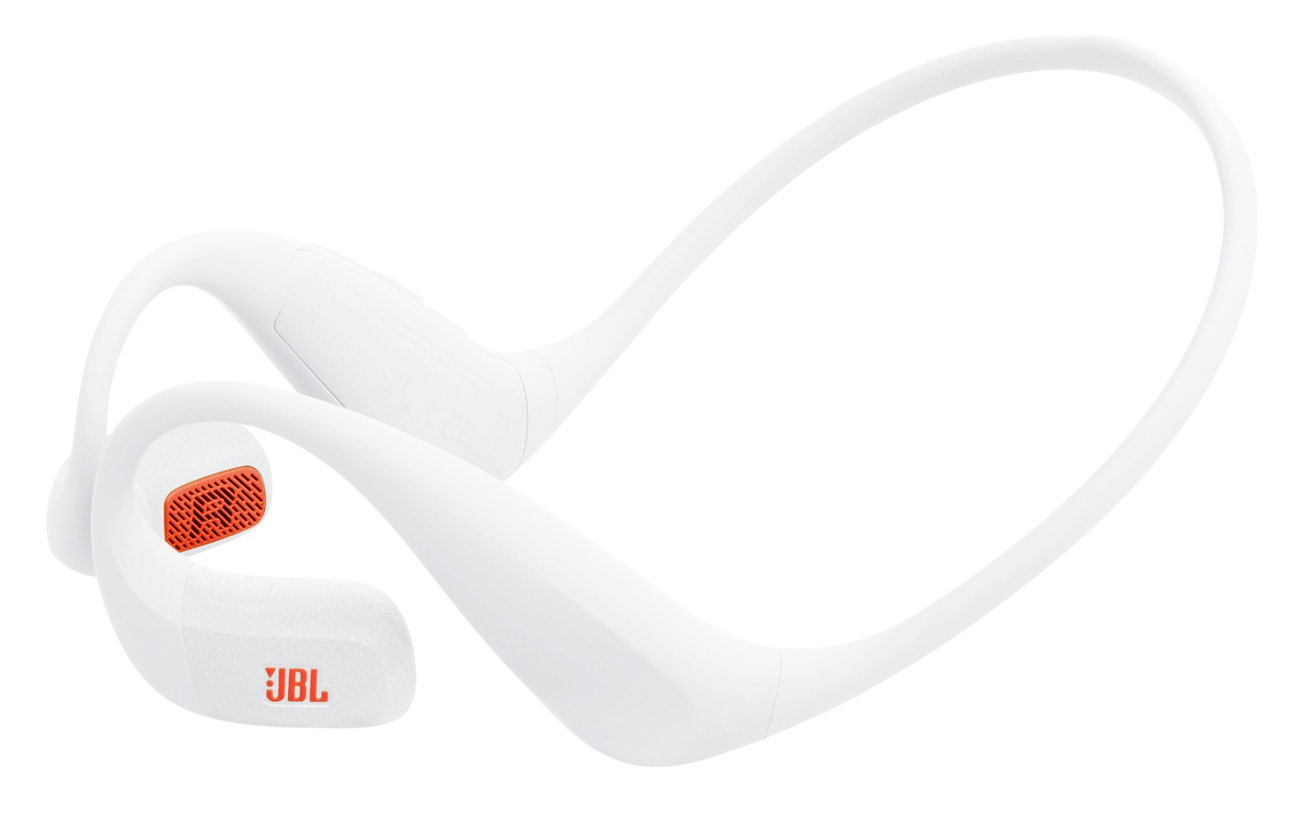 Białe słuchawki kostne JBL. Pomarańczowe kratki głośników. Widoczne logo JBL. Zakrzywiona konstrukcja do noszenia wokół ucha.