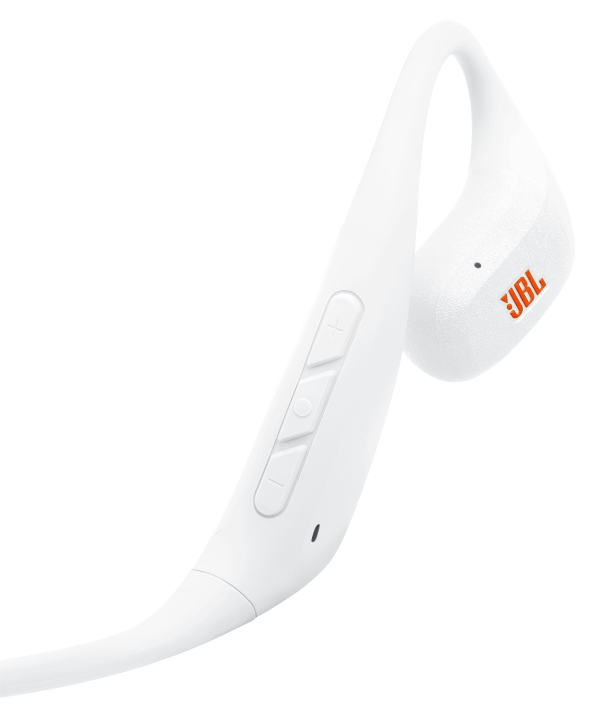 Białe bezprzewodowe słuchawki JBL. Posiadają przyciski głośności i logo JBL w kolorze pomarańczowym. Design otacza ucho.