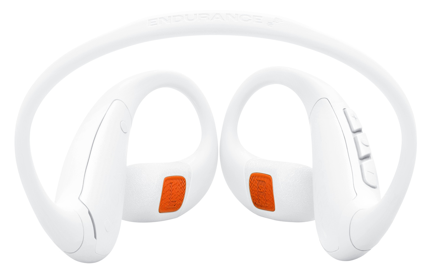 Białe słuchawki sportowe z pomarańczowymi akcentami. Mają pałąk na szyję i zaczepy na uszy. Słowo ENDURANCE jest na opasce.