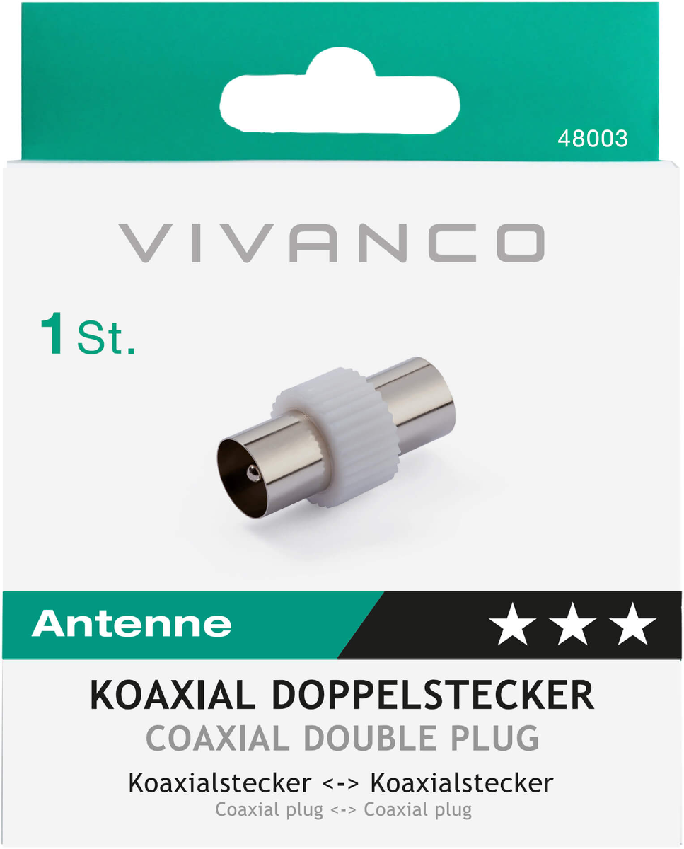 Koaxial-Doppelstecker auf Produktkarte. Weißer Kunststoffring und Metallstecker. Text: 'VIVANCO' und Produktdetails.