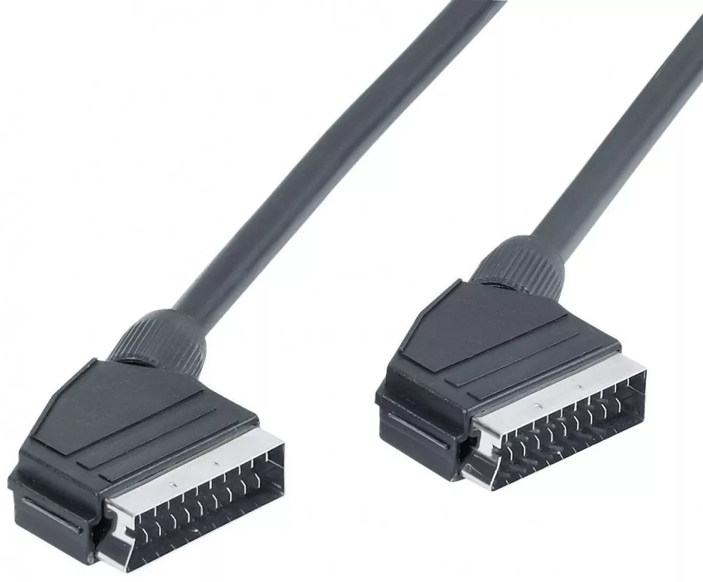 Zwei schwarze SCART-Kabel mit silbernen Steckern, vor weißem Hintergrund abgewinkelt.