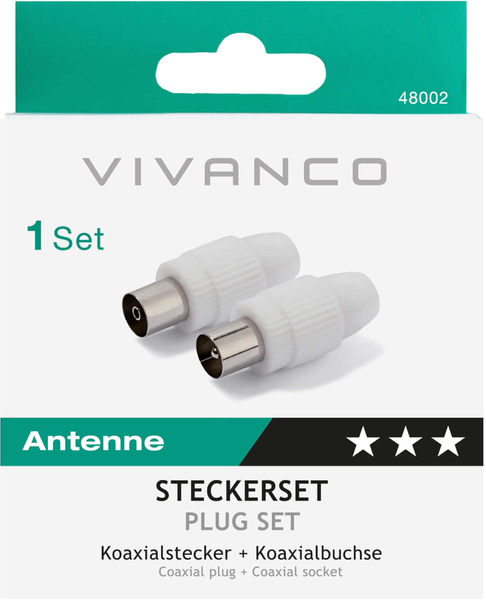 Produktverpackung für ein Steckersatz. Zwei weiße Koaxialstecker sind abgebildet. Die Marke ist VIVANCO. Text enthält 'Antenne' und 'PLUG SET'.