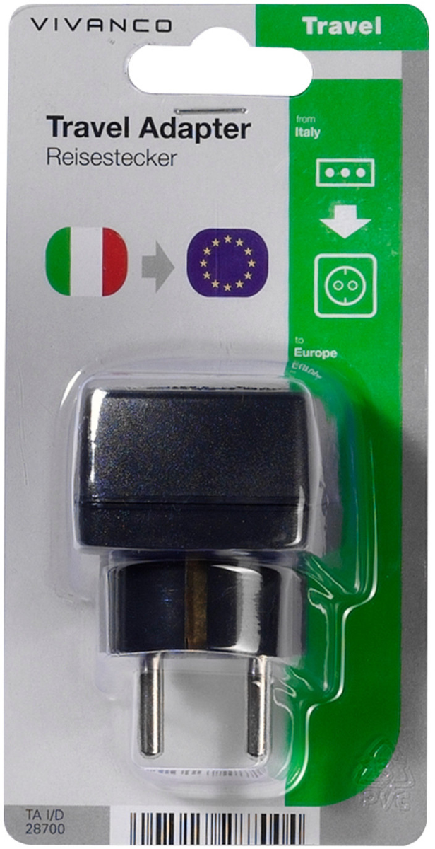 Reiseadapter in Verpackung. Schwarzer Adapter mit silbernen Stiften. Italienische Flagge und EU-Symbol sind vorhanden.