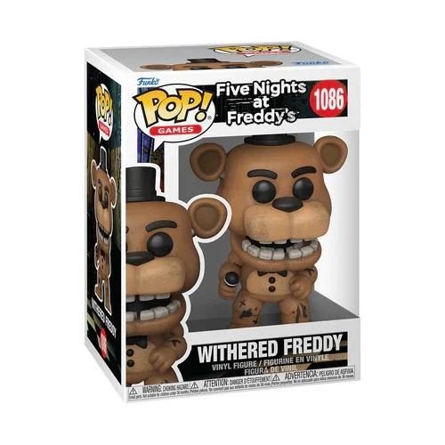 Una caja de Funko Pop con la figura de Withered Freddy de Five Nights at Freddy's. La caja muestra la figura y el logotipo del juego.