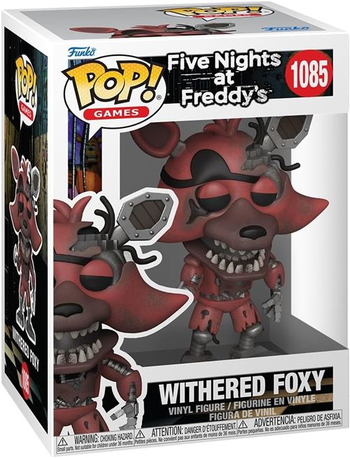 Una caja Funko Pop con una figura de Withered Foxy de Five Nights at Freddy's. La figura es roja y tiene un aspecto desgastado.