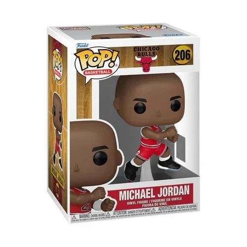 Una figura Funko Pop de Michael Jordan con el uniforme de los Chicago Bulls. La caja muestra el logo Pop, el logo de los Bulls y otros detalles.