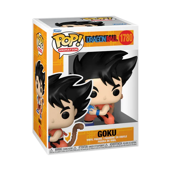 Una caja Funko Pop con Goku de Dragon Ball. La figura es naranja, azul y negra. La caja es blanca y naranja.