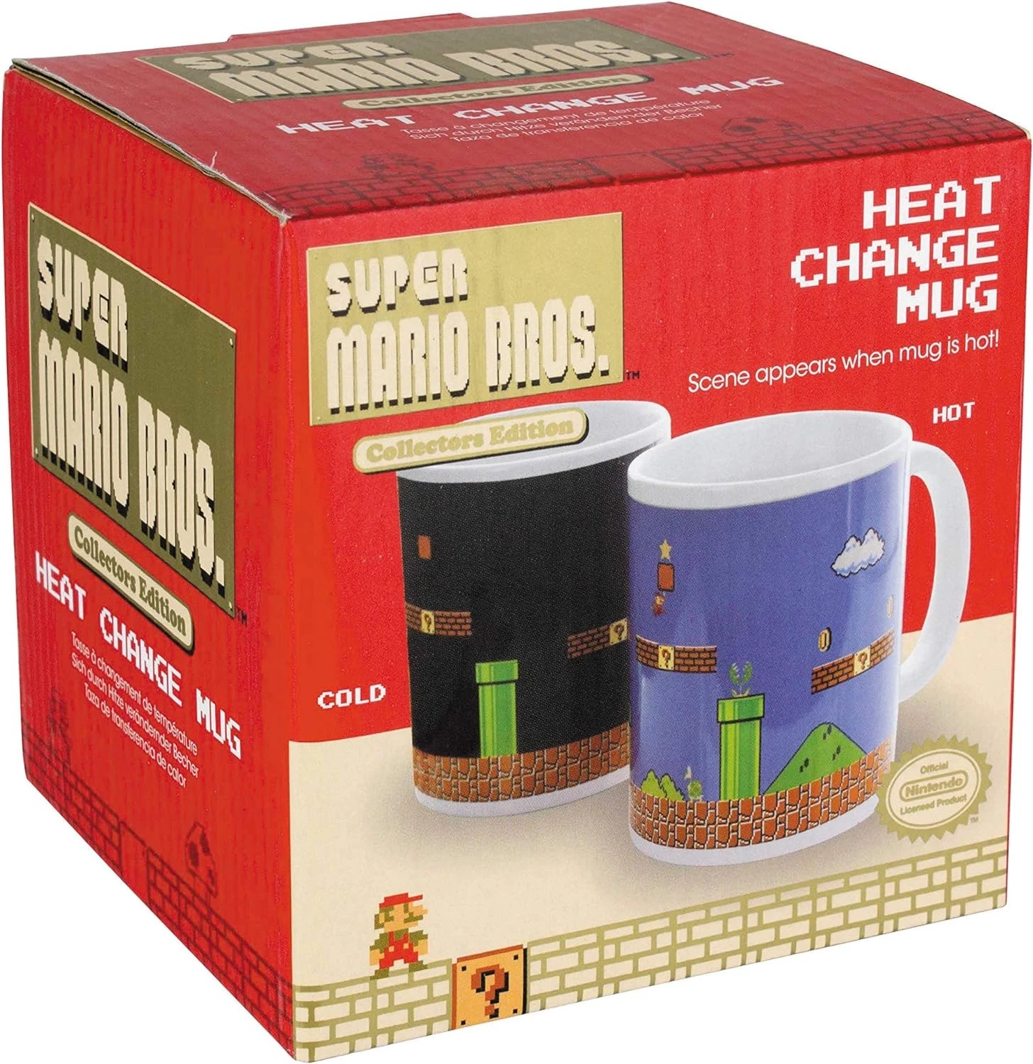 Una taza de Super Mario Bros. que cambia con el calor en su caja. La taza muestra un estado frío y caliente.