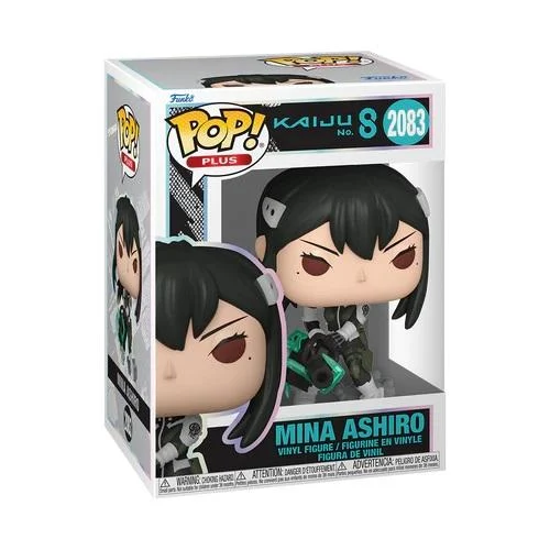Un Funko Pop de Mina Ashiro en una caja. La figura tiene cabello negro y una expresión severa. La caja tiene el logo Pop.
