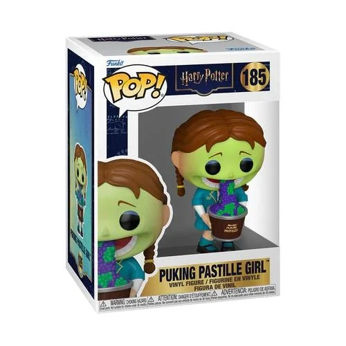 Una figura de Funko Pop de una niña de piel verde con trenzas marrones, vomitando un líquido morado en un cubo marrón, con una caja detrás.