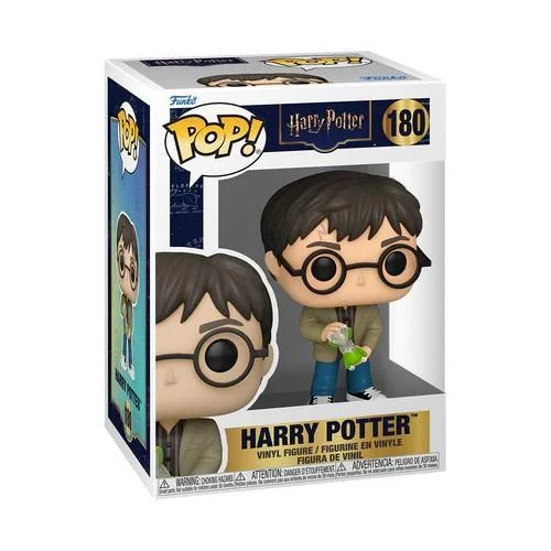 Una figura de Harry Potter Funko Pop en su caja. La figura usa gafas y sostiene una poción. La caja dice "Harry Potter".