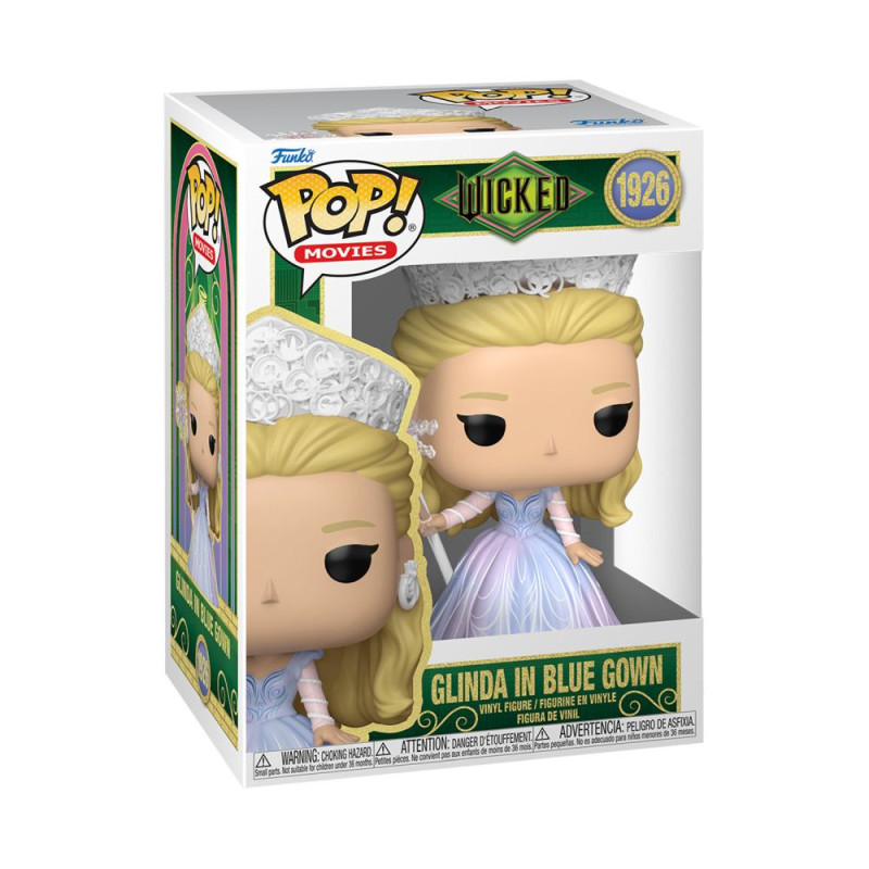 Caja Funko Pop de Glinda con vestido azul. La caja presenta la figura, texto y logotipos. Es un juguete coleccionable de un personaje de película.