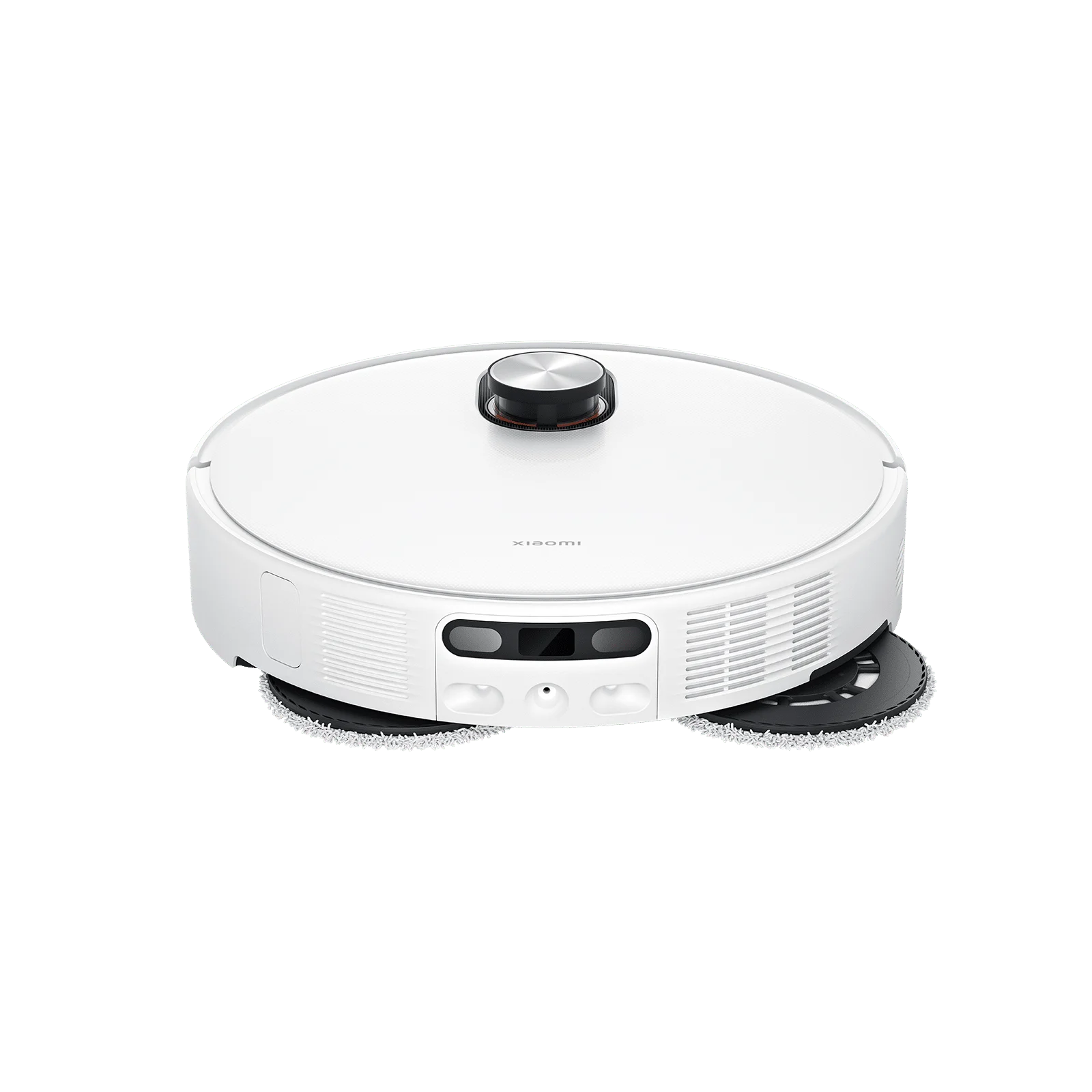 Una aspiradora robot Xiaomi blanca sobre un fondo verde. Tiene una tapa negra y almohadillas de limpieza. La marca es visible.