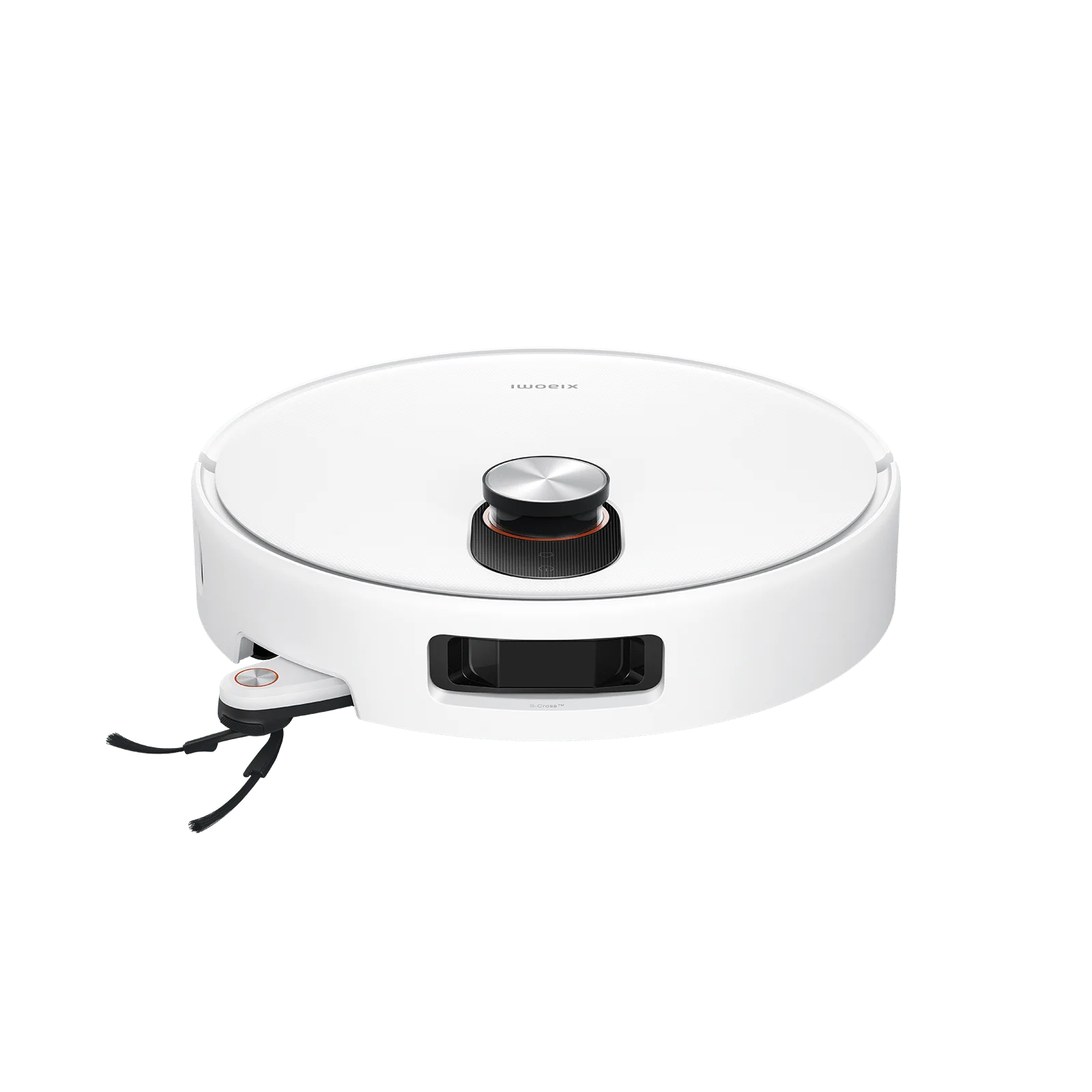 Aspiradora robot Xiaomi blanca sobre fondo verde. Tiene un cepillo negro y una parte superior plateada.