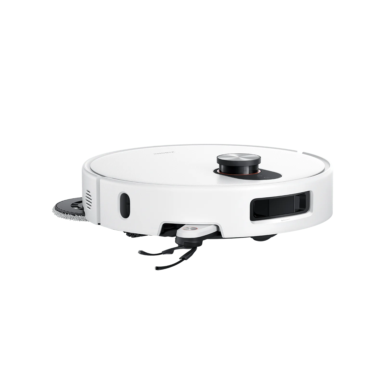 Aspiradora robot blanca. Tiene forma redonda con una parte central negra y cepillos laterales.