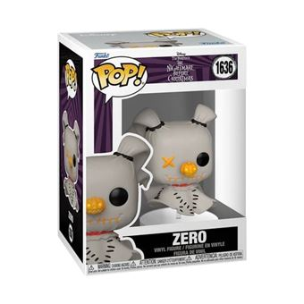 Figura Funko Pop Zero de The Nightmare Before Christmas, en una caja. La figura es blanca con detalles cosidos, nariz naranja.