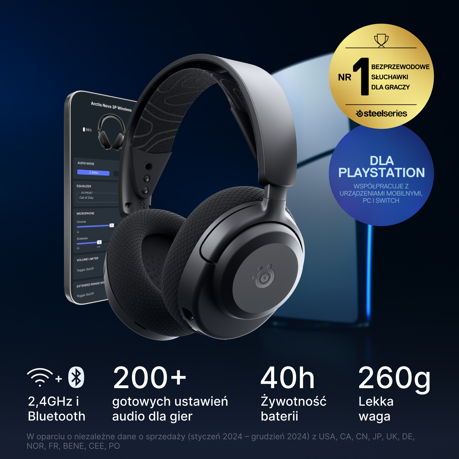 Czarne słuchawki dla graczy z ustawieniami telefonu, plus funkcje jak Bluetooth 2,4 GHz, bateria 40h i kompatybilność z PlayStation.