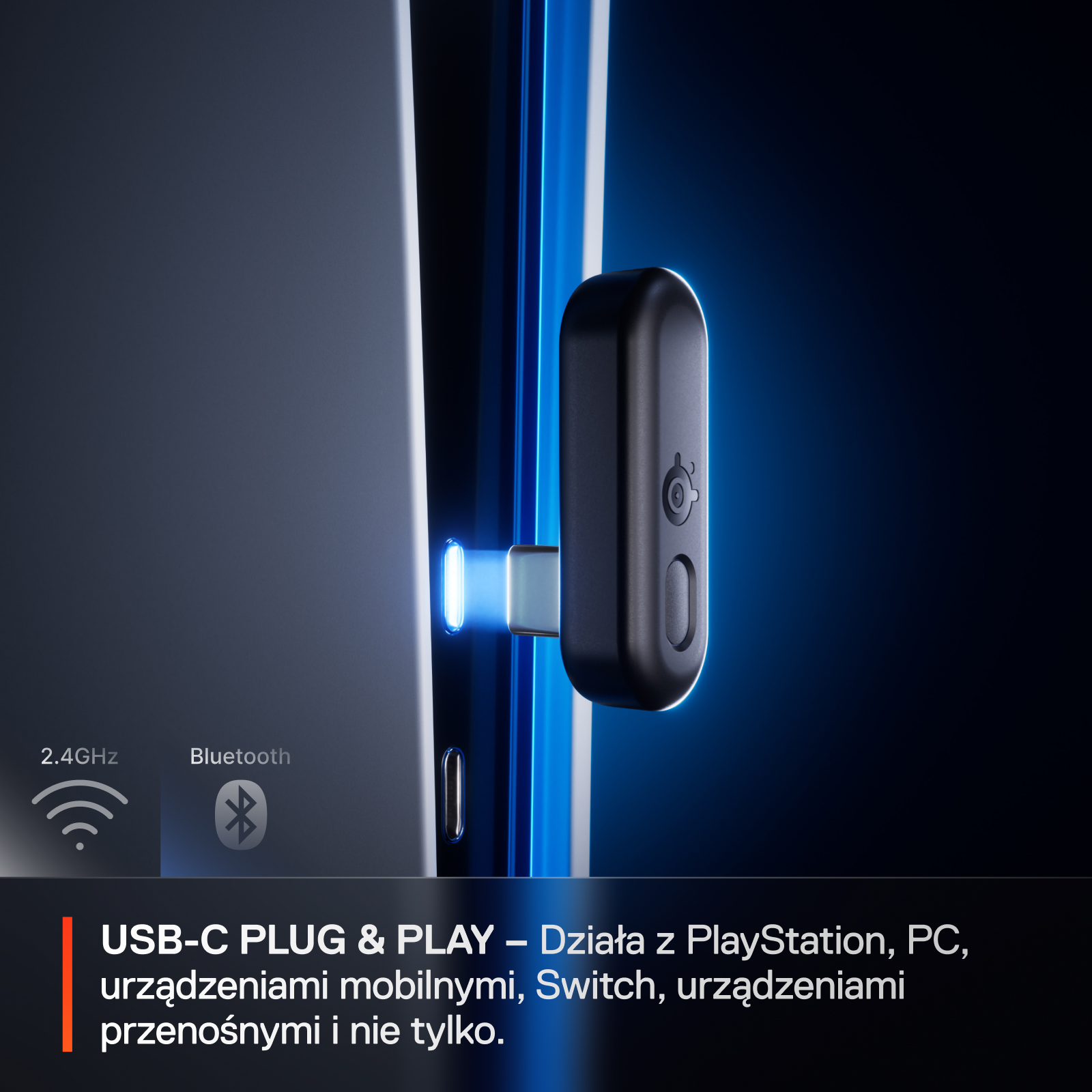 Czarny dongle USB-C jest podłączony do urządzenia. Tło jest ciemnoniebieskie. Tekst na dole wskazuje na łączność.