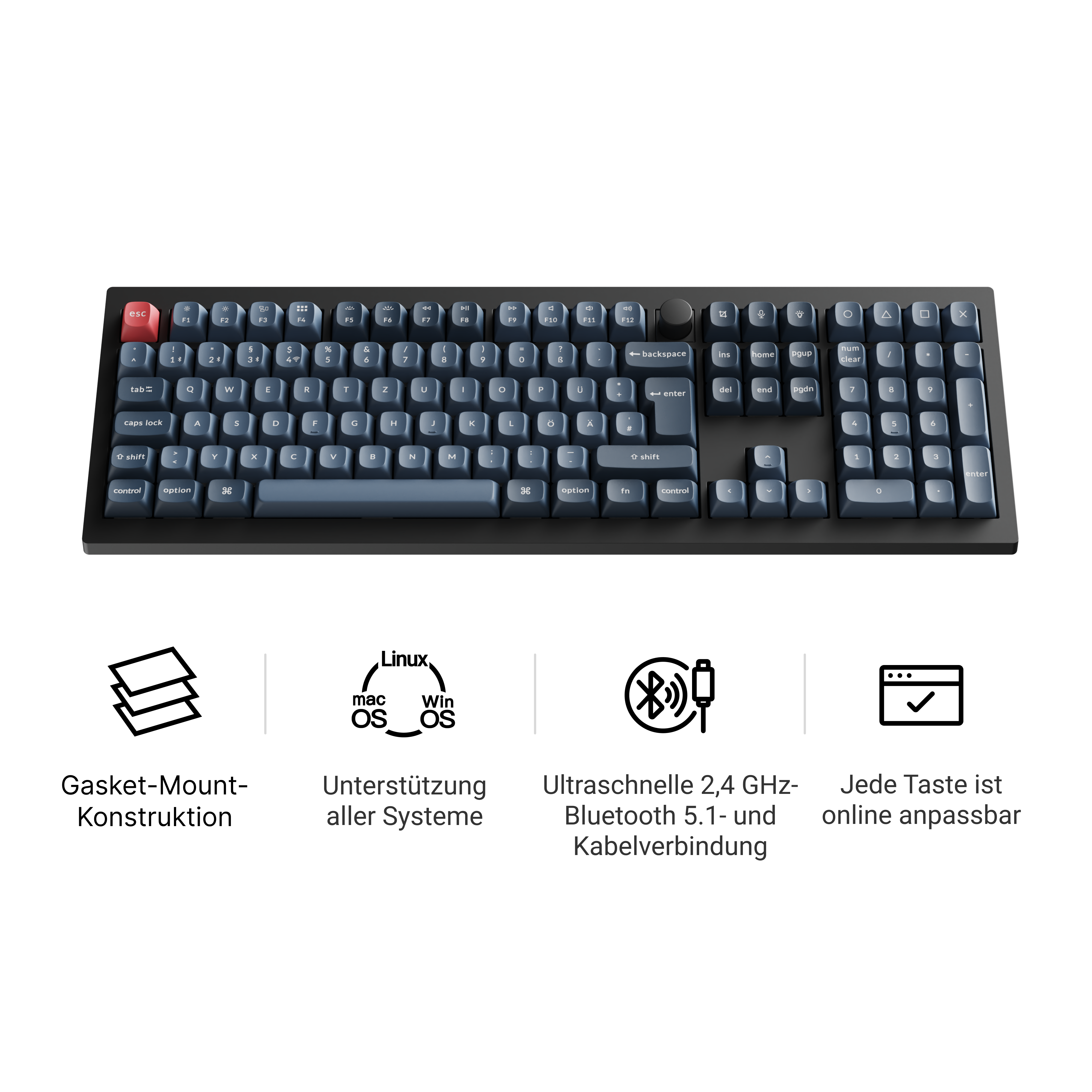 Eine schwarze Tastatur mit blauen Tasten und weißen Buchstaben. Enthält Symbole für Linux, Bluetooth und Online-Anpassung.