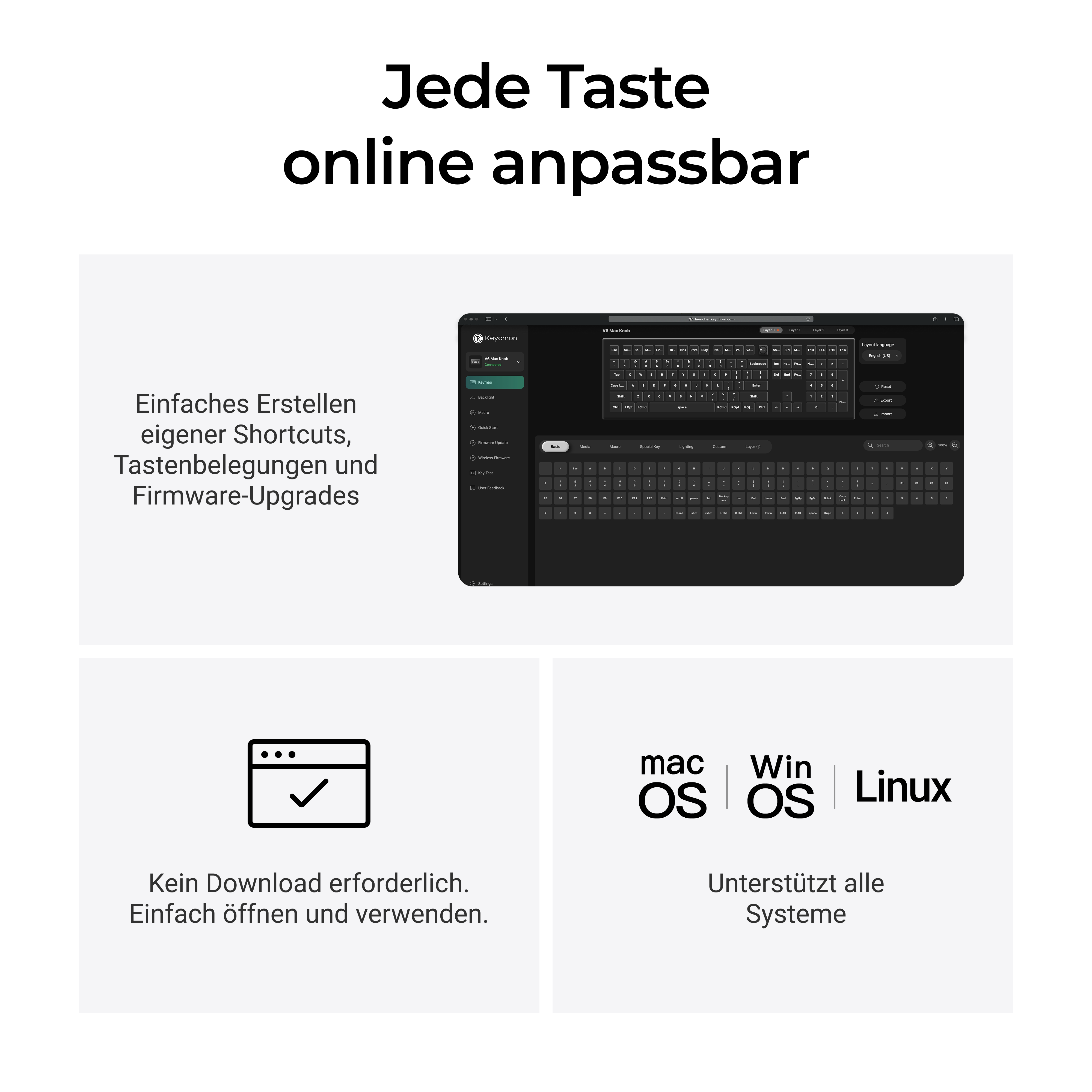 Das Bild zeigt eine Tastatur-UI, Optionen und unterstützte Betriebssysteme.