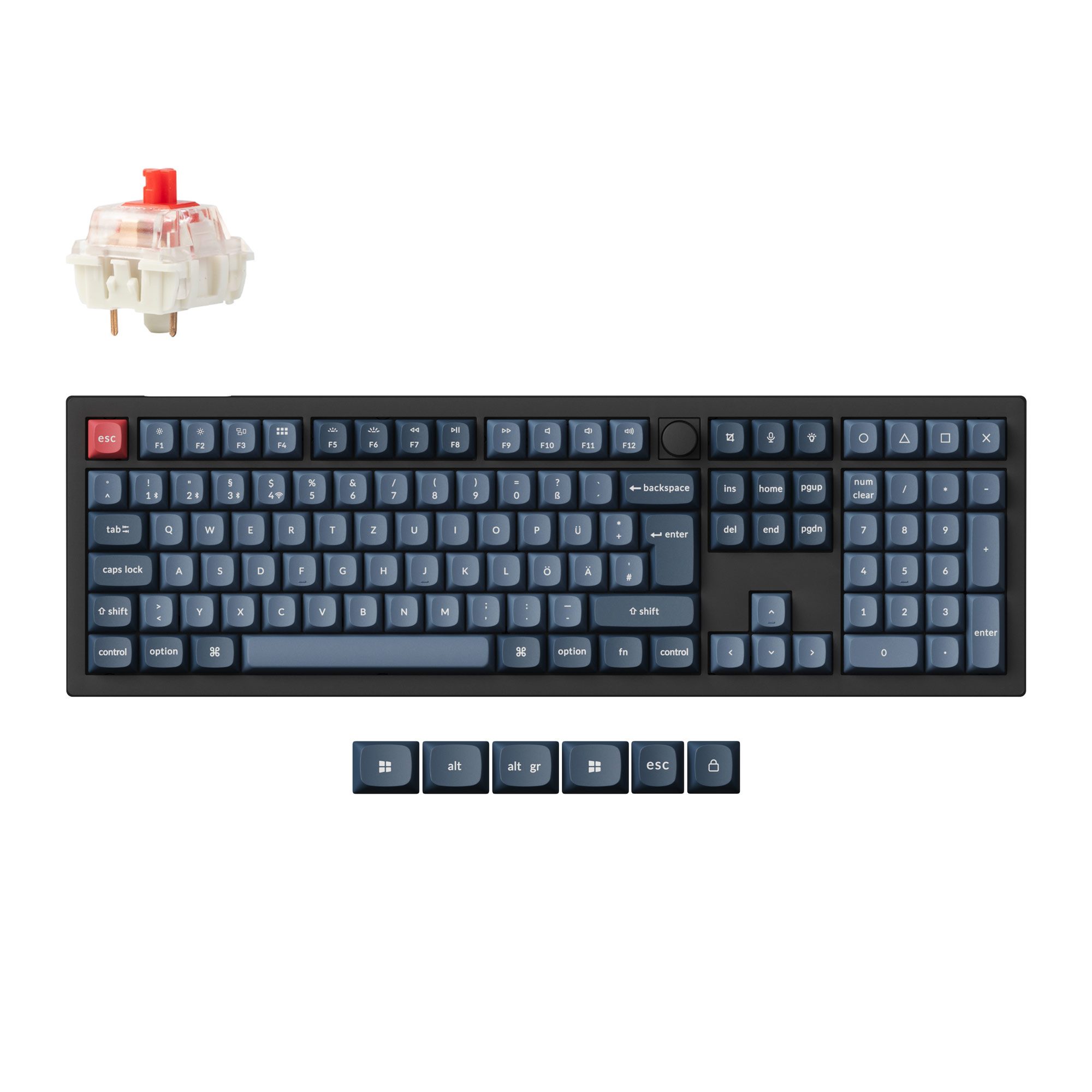 Eine schwarze Tastatur mit blauen Tasten, einer roten ESC-Taste und einem abgebauten Schalter darüber. Zusätzliche Tasten darunter.