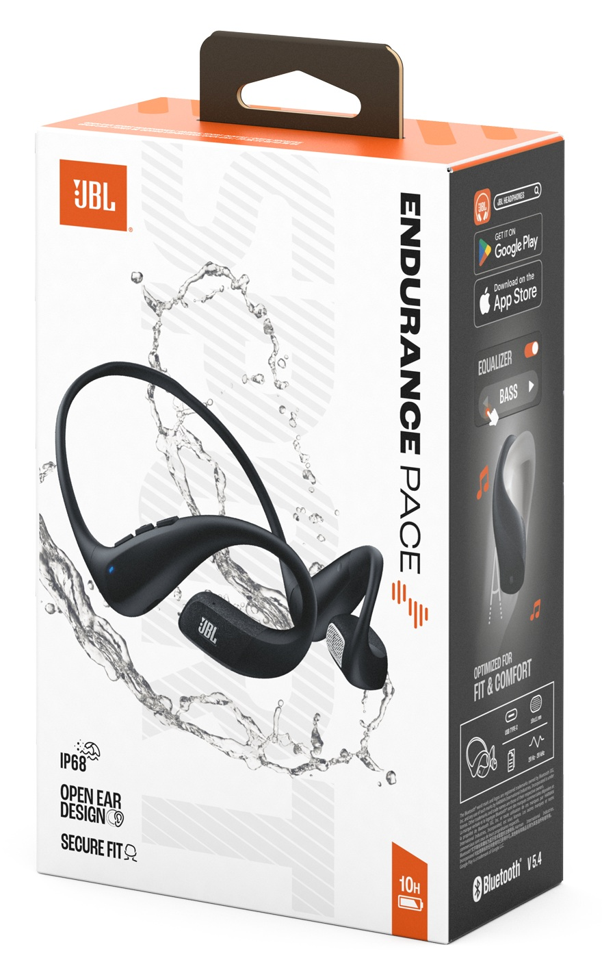 Pudełko słuchawek JBL Endurance Pace. Czarne słuchawki z motywem rozprysków wody. Pomarańczowo-białe pudełko ze szczegółami produktu.