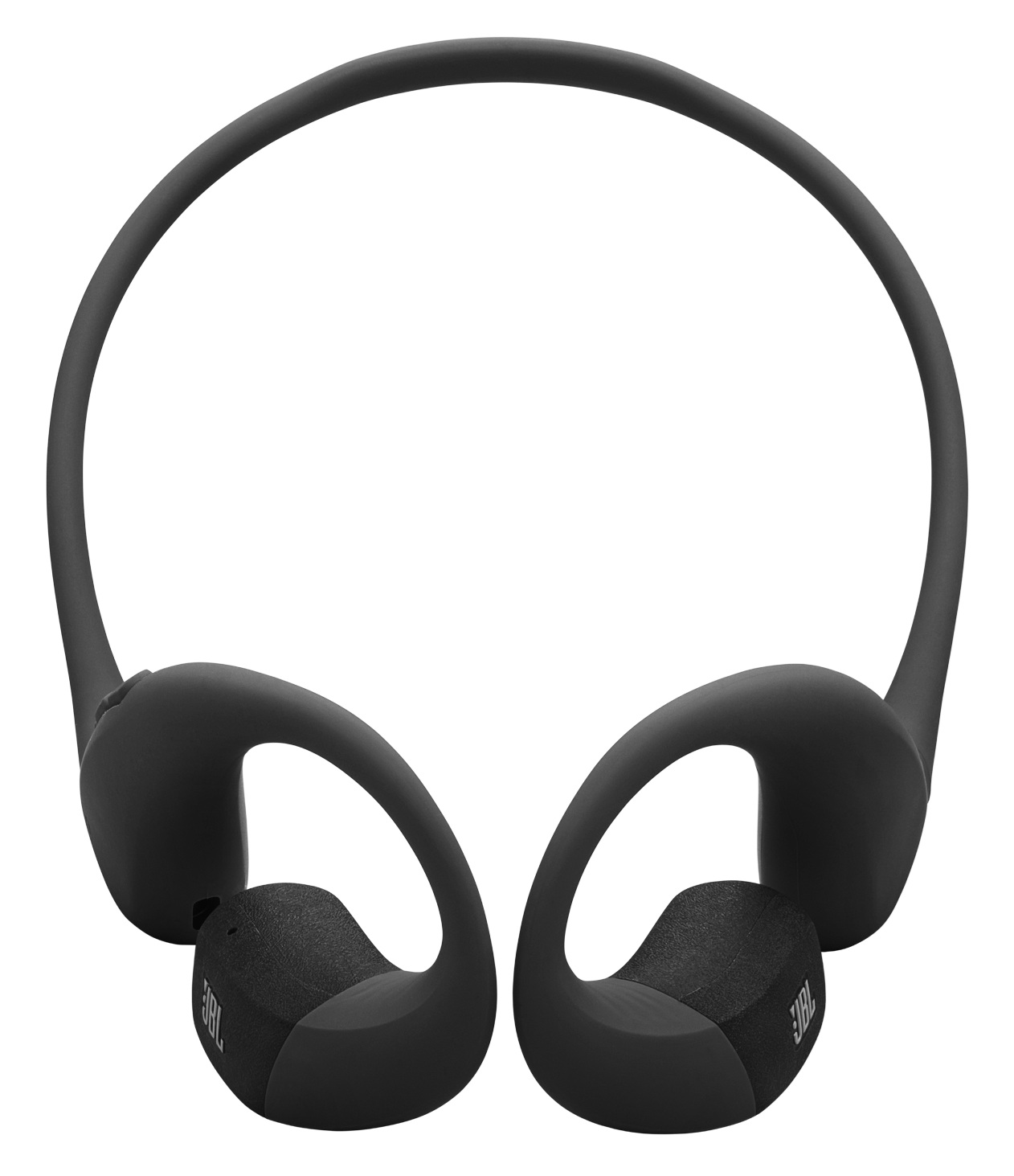 Czarne słuchawki JBL, konstrukcja nauszna. Mają pałąk i zaczepy. Logo JBL jest widoczne na słuchawkach.