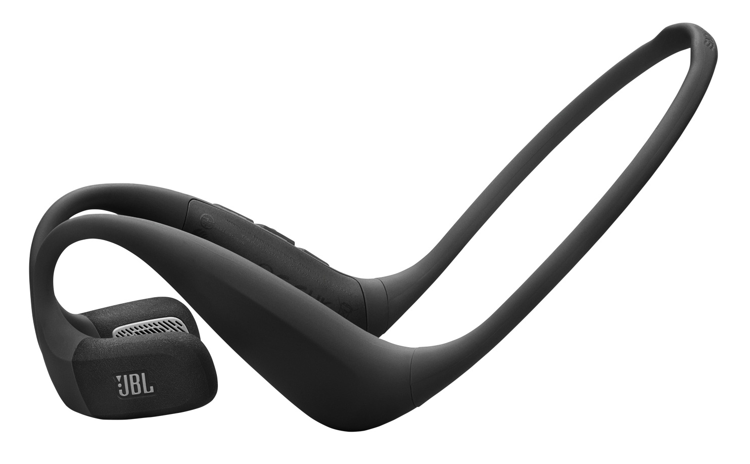 Czarne słuchawki JBL z przewodnictwem kostnym. Konstrukcja obejmuje zaczepy na uszy, pałąk na szyję i logo JBL.