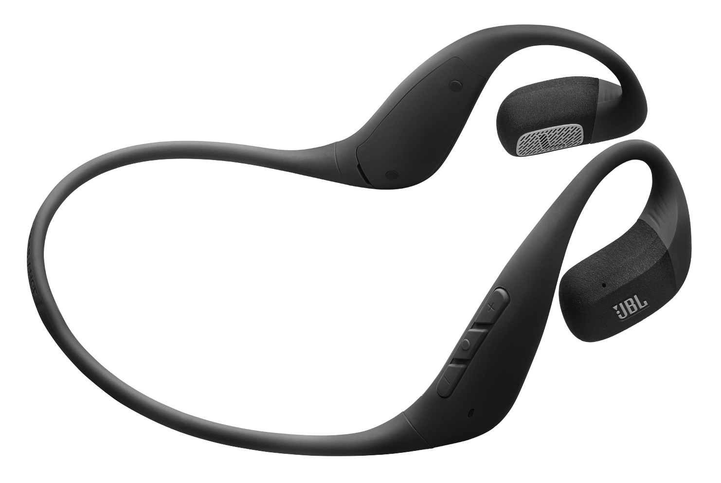 Czarne bezprzewodowe słuchawki JBL. Mają zaczepy na uszy i elementy sterujące po jednej stronie. Widoczne jest logo JBL.
