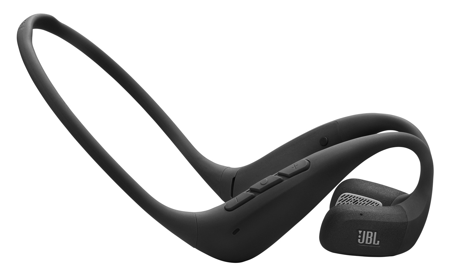 Czarne słuchawki JBL z przewodnictwem kostnym. Konstrukcja obejmuje pałąk na szyję i wkładki douszne z przyciskami.