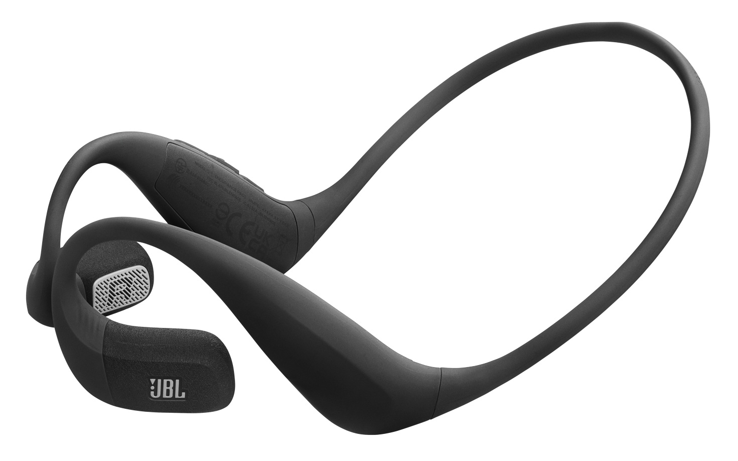 Czarne słuchawki kostne JBL. Design obejmuje wkładki douszne, opaskę na szyję i elastyczny pałąk. Logo jest widoczne na wkładce.