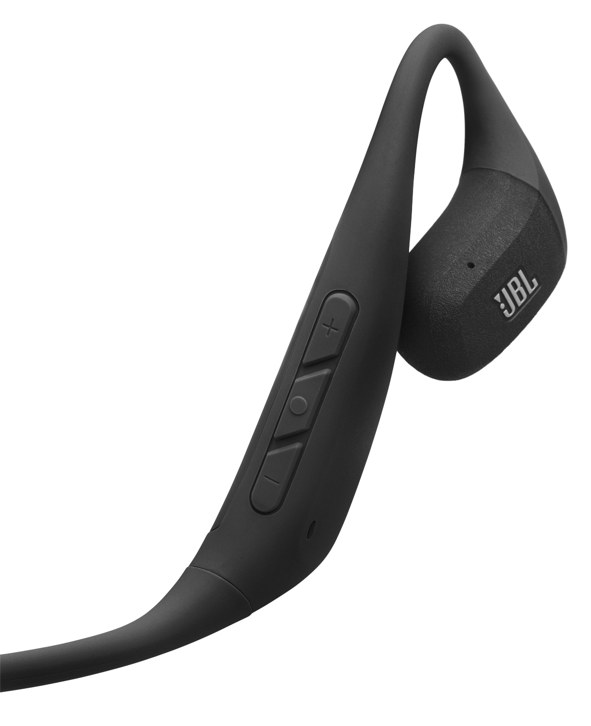 Czarne bezprzewodowe słuchawki JBL. Słuchawka i opaska na szyję są połączone. Elementy sterujące znajdują się na opasce na szyję. Logo jest widoczne.