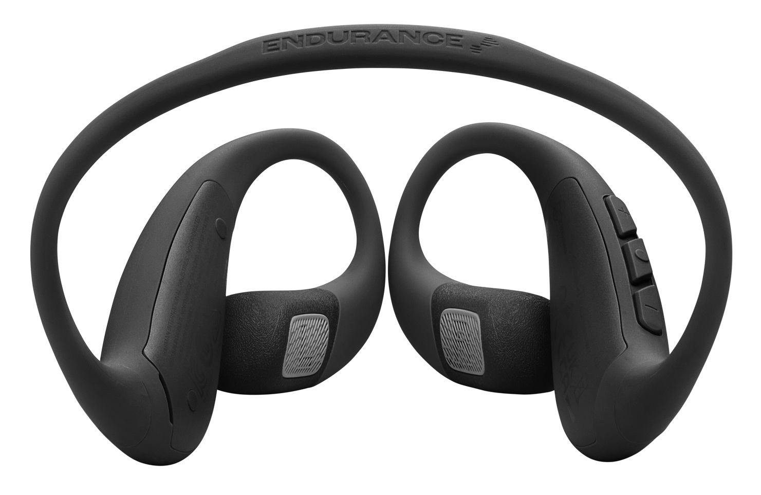 Czarne bezprzewodowe słuchawki z haczykami na uszy. Słowo 'ENDURANCE' znajduje się na opasce. Przyciski są po prawej stronie.