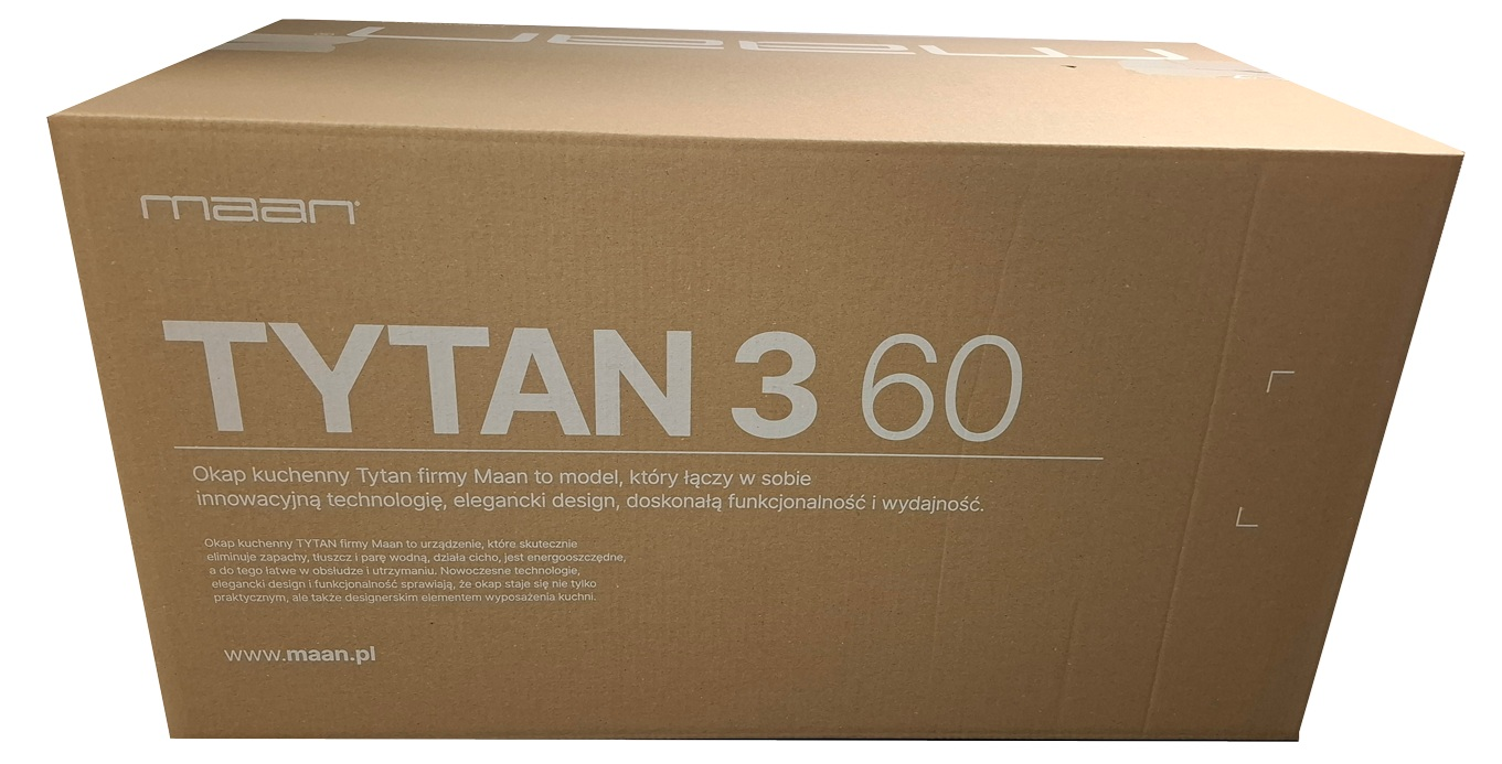 Kartonowe pudełko z nadrukiem 'TYTAN 3 60'. Na pudełku znajduje się logo Maan. Tekst w języku polskim opisuje produkt.