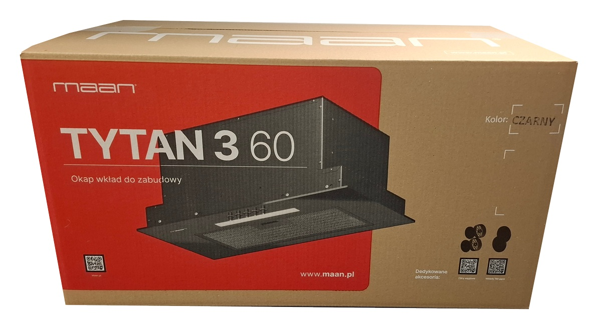 Karton z ilustracją czarnego okapu. Tekst zawiera 'TYTAN 3 60', 'CZARNY' i logo 'maan'.