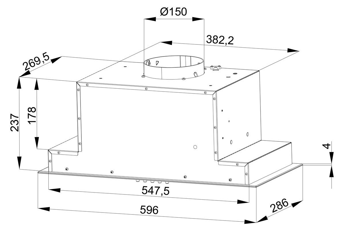 Schemat okapu kuchennego, z wymiarami w milimetrach. Ma kształt prostokątny z okrągłym otworem wentylacyjnym na górze.